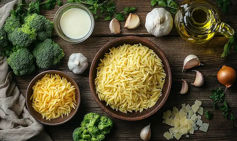 Ingredients Of Creamy One-Pot Broccoli Cheddar Orzo