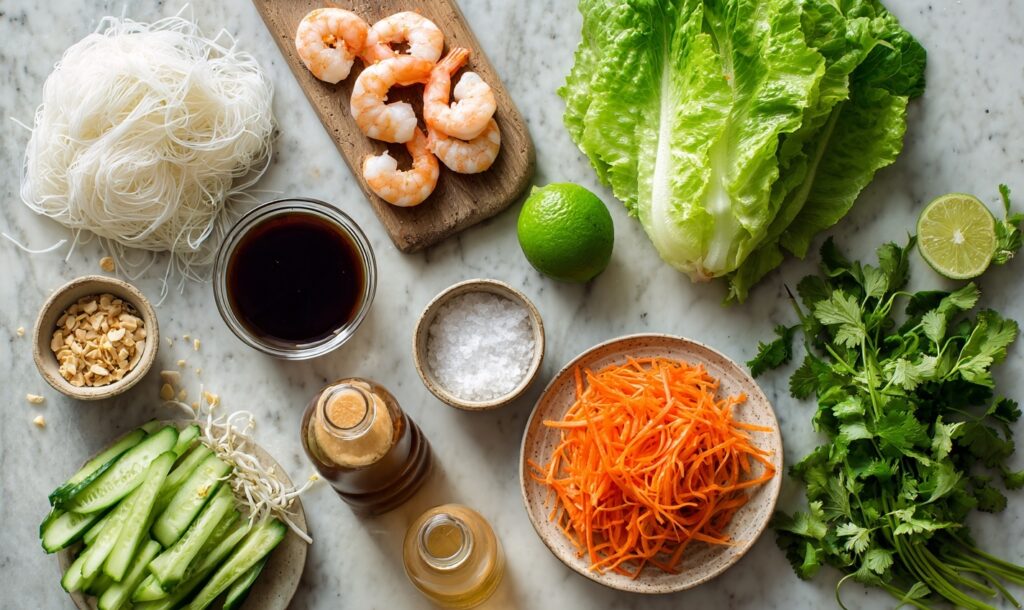 Ingredients Of Fresh Vietnamese Spring Rolls with Sauce