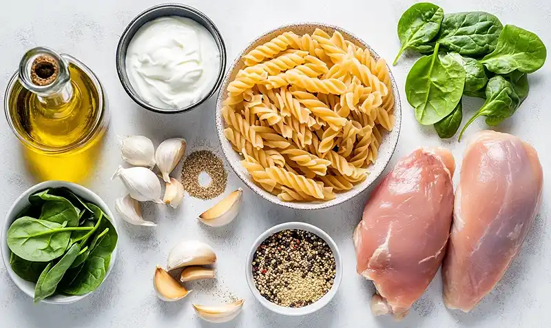 Ingredients Of Healthy Garlic Parmesan Chicken Pasta