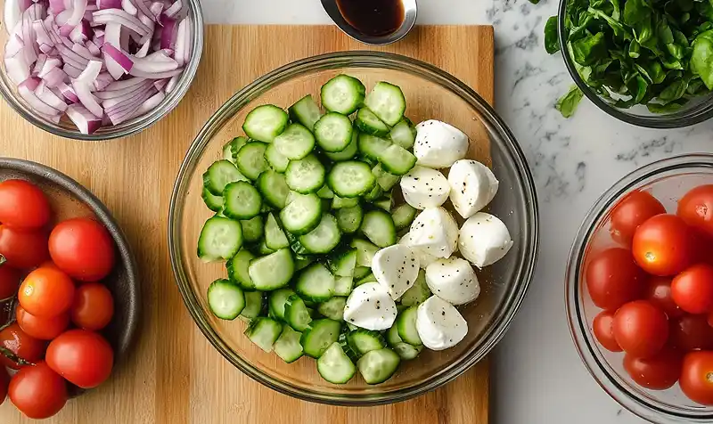 Preparing Easy Cucumber Caprese Salad