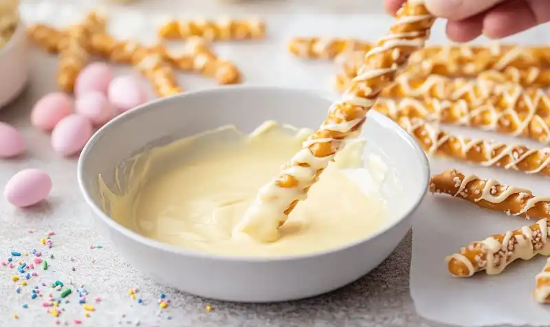 Preparing Of Chocolate Covered Pretzels for Easter