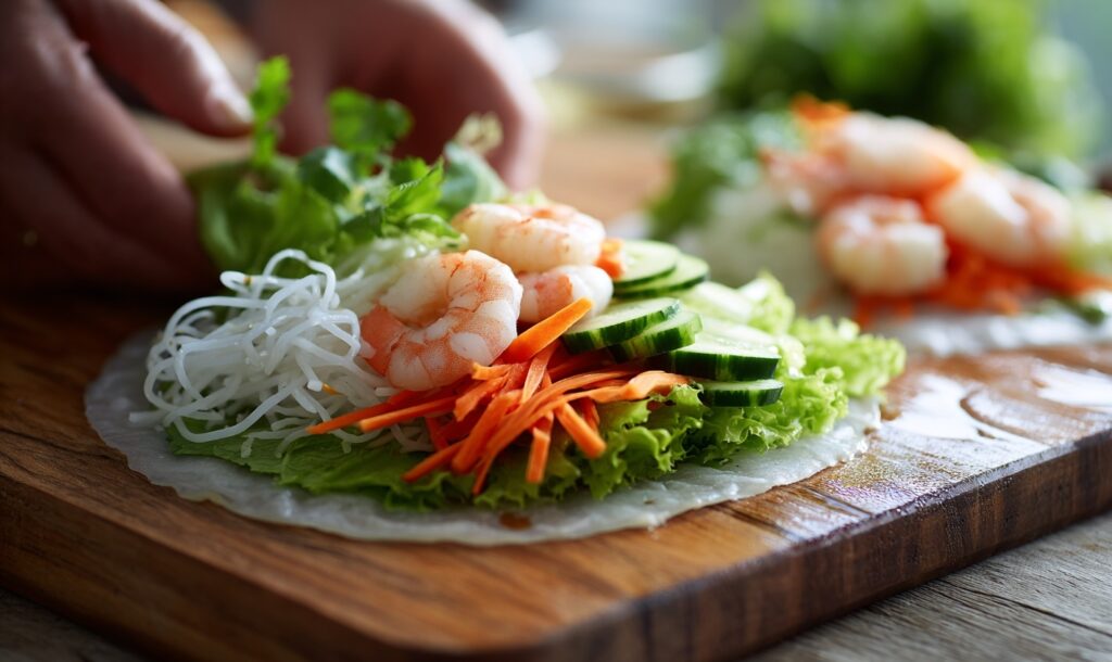 Preparing Of Fresh Vietnamese Spring Rolls with Sauce