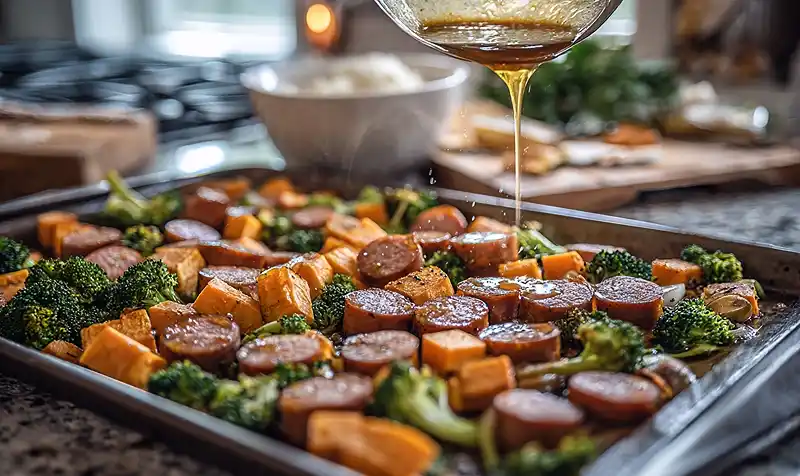 Preparing Of Sausage and Sweet Potatoes with Honey Garlic Sauce
