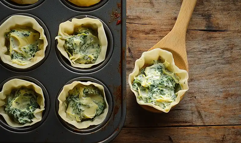 Preparing Of Spinach & artichoke wonton cups