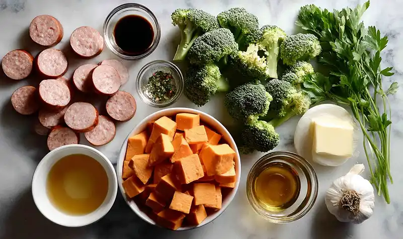 iNGREDIENTS Of Sausage and Sweet Potatoes with Honey Garlic Sauce