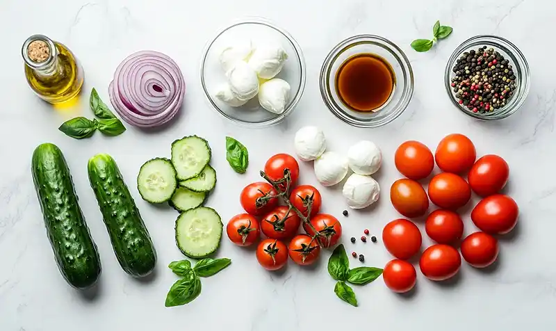 ingeredients of Easy Cucumber Caprese Salad