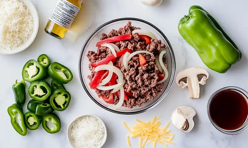 ingeredients of Ground Beef Philly Cheesesteak Meal Prep