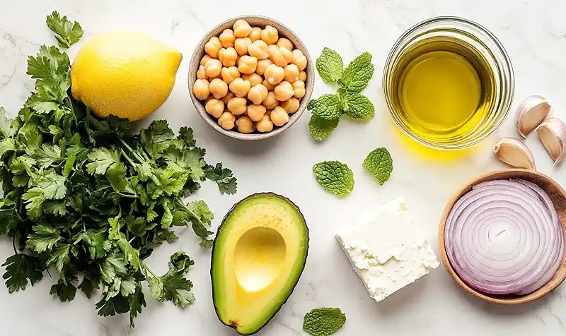 Ingredients Of Chickpea Feta Avocado Salad