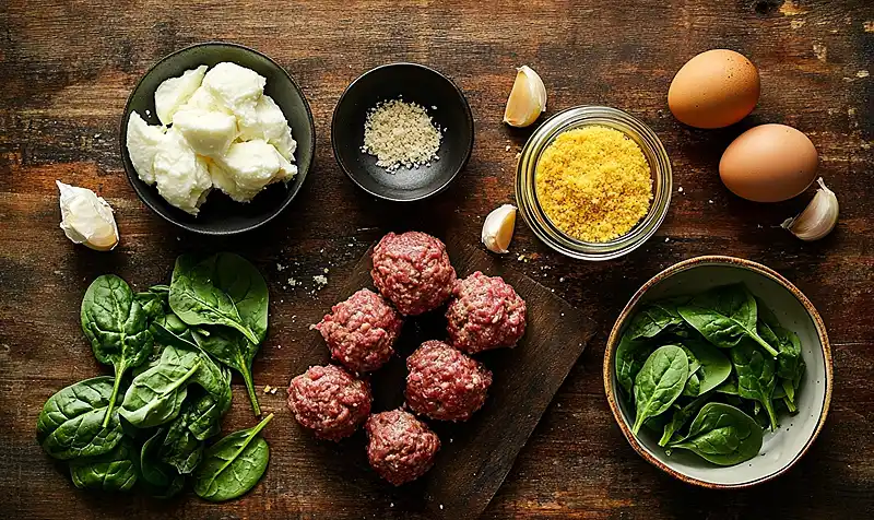 Easy Spinach & Garlic Meatballs Stuffed with Melty Mozzarella 3 Ingredients Of Easy Spinach & Garlic Meatballs