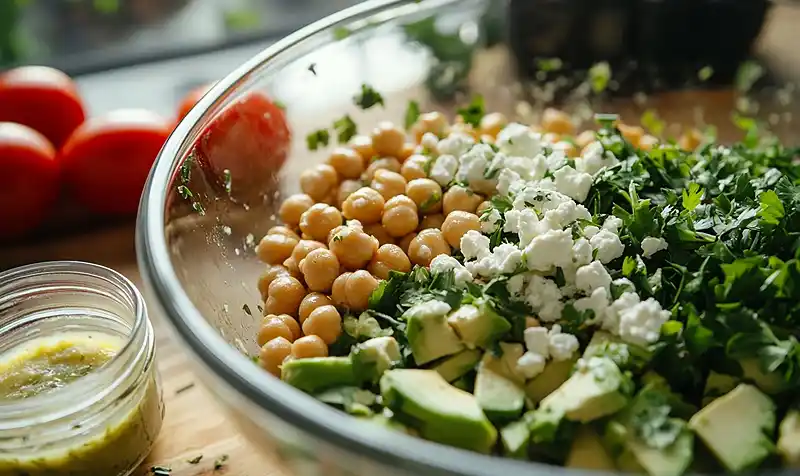 Preparing Of Chickpea Feta Avocado Salad