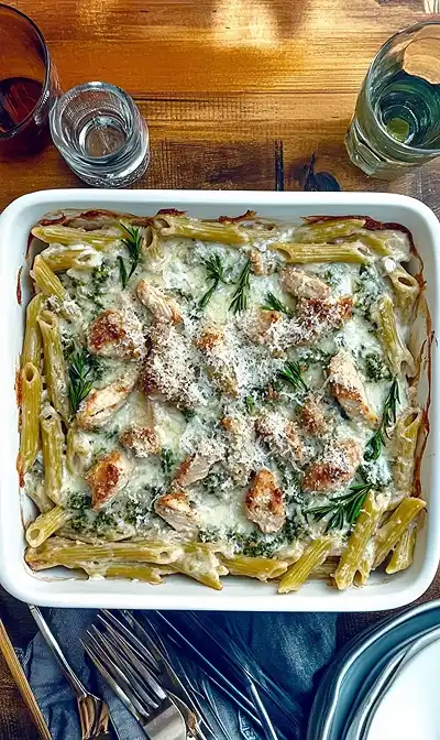 End Of Creamy Pesto Chicken Pasta Bake
