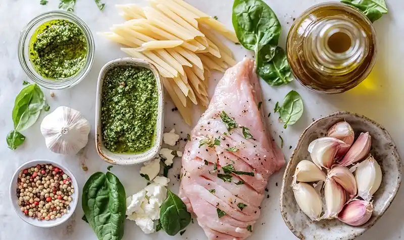 Ingredients For Creamy Pesto Chicken Pasta Bake