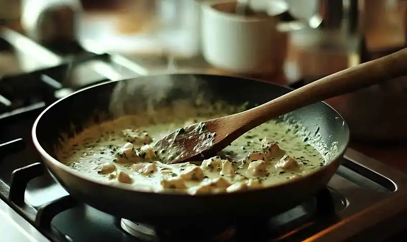 Preparing Of Creamy Pesto Chicken Pasta Bake
