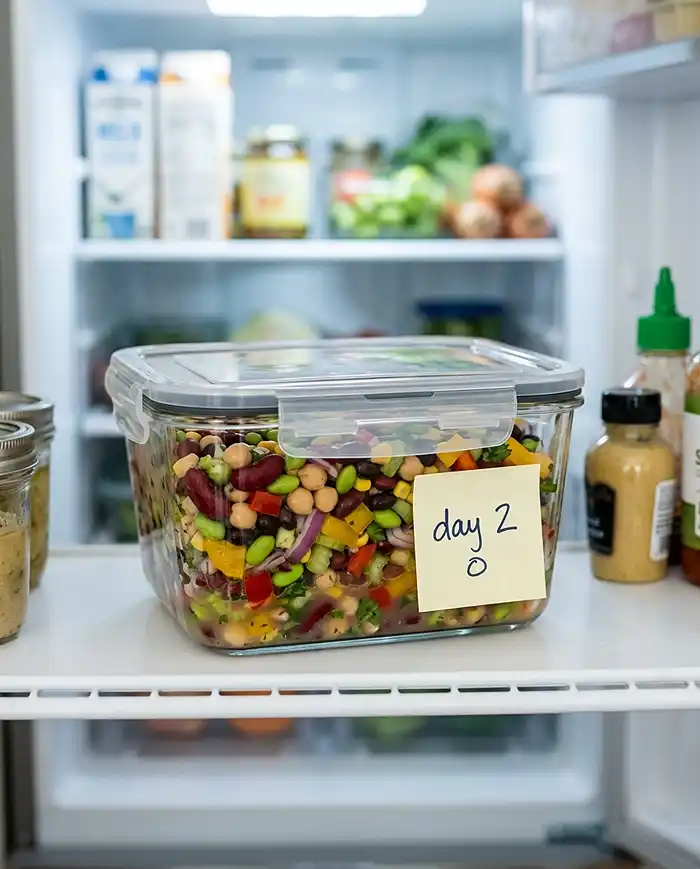Dense Bean Salad Recipes 11 Dense bean salad stored in a glass airtight container in the refrigerator for meal prep