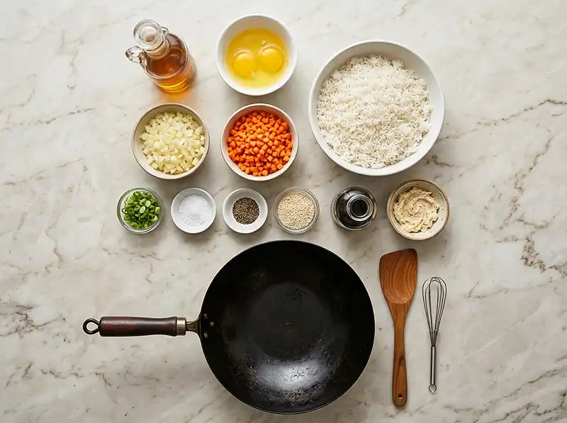 Fresh raw ingredients for benihana fried rice recipe​