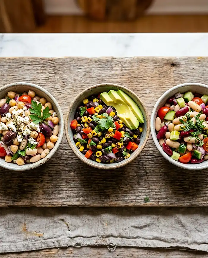 Dense Bean Salad Recipes 6 Three dense bean salad recipe variations in small bowls showing Greek, Southwestern, and Mediterranean style