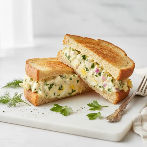 Beautiful plated chicken and egg salad sandwich recipe​