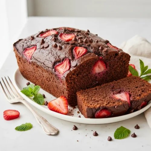 Beautiful plated double chocolate strawberry banana bread recipe
