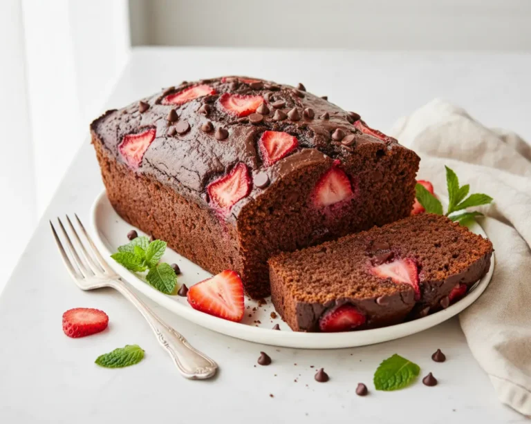 Beautiful plated double chocolate strawberry banana bread recipe