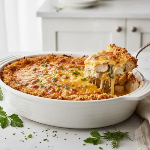 Beautiful plated frozen chicken tender casserole recipe