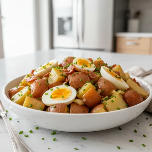 Beautiful plated german potato salad recipe with egg​