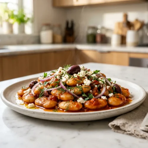 Beautiful plated greek dense bean salad recipe