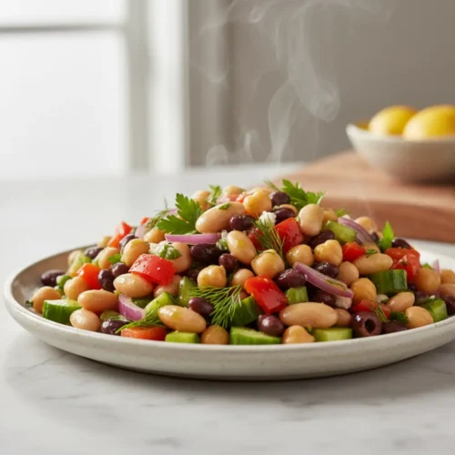 Beautiful plated mediterranean dense bean salad recipe