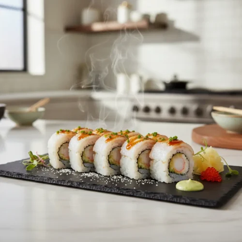 Beautiful plated snow white roll sushi​