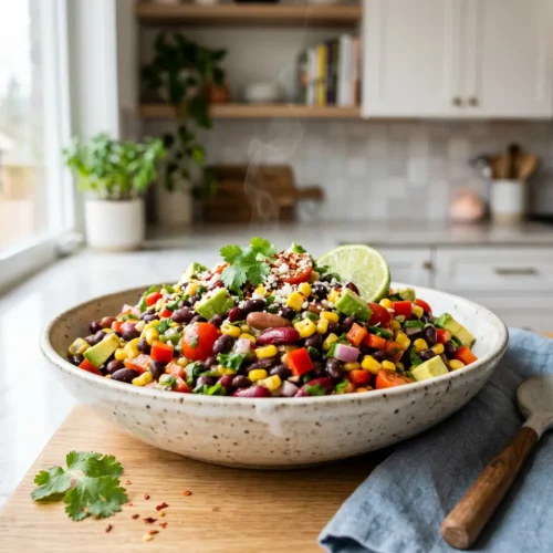 Beautiful plated Southwestern & Mexican Dense Bean Salad Recipe