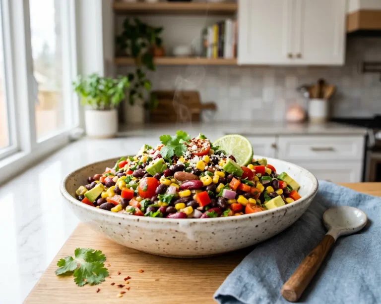 Beautiful plated Southwestern & Mexican Dense Bean Salad Recipe