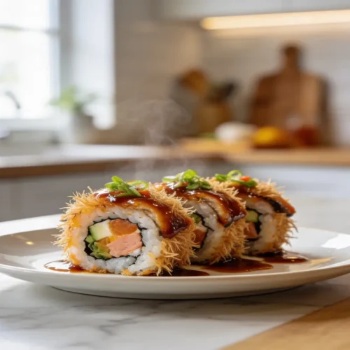 Beautiful plated sushi shaggy dog roll
