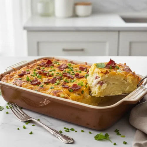Beautiful plated twice baked potato casserole recipe