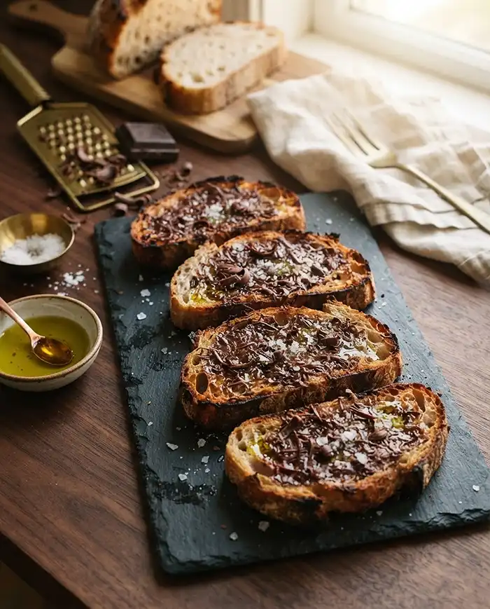 Chocolate toast with olive oil and sea salt