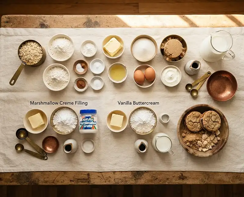 Main ingredients for oatmeal creme pie cake