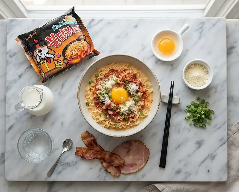 ingredients for samyang buldak noodles carbonara​ on table